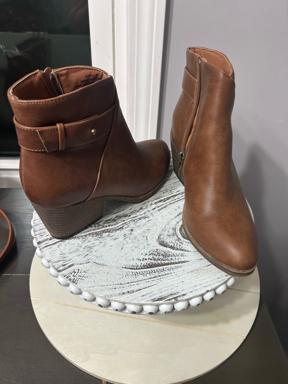 Classic Tan Faux Leather Ankle Booties with Side Zip - Picture 3 of 6